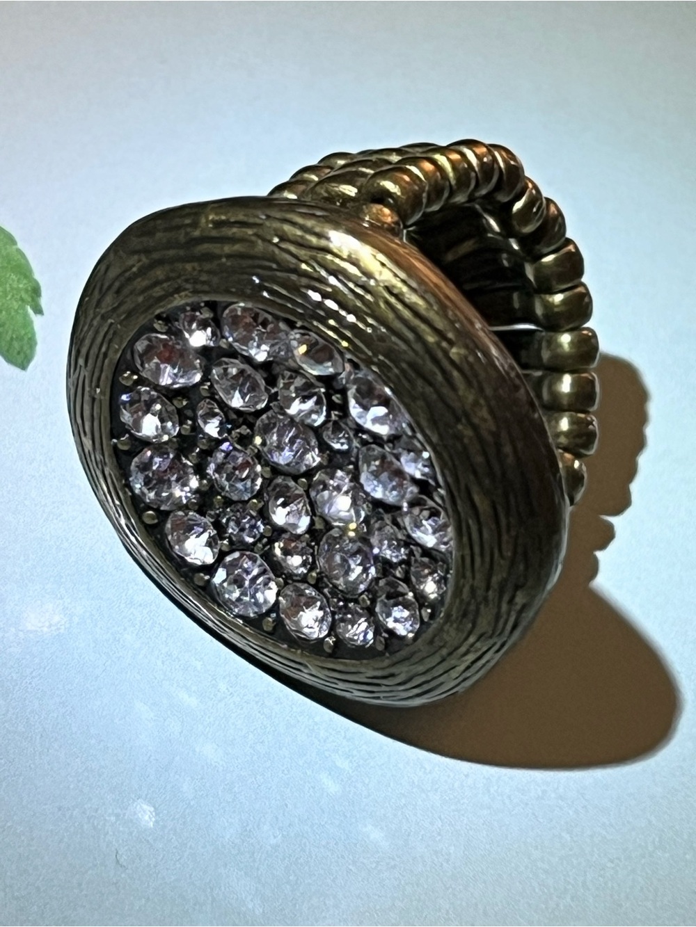 Vintage-Inspired Gold Crystal Encrusted Stretch Statement Ring